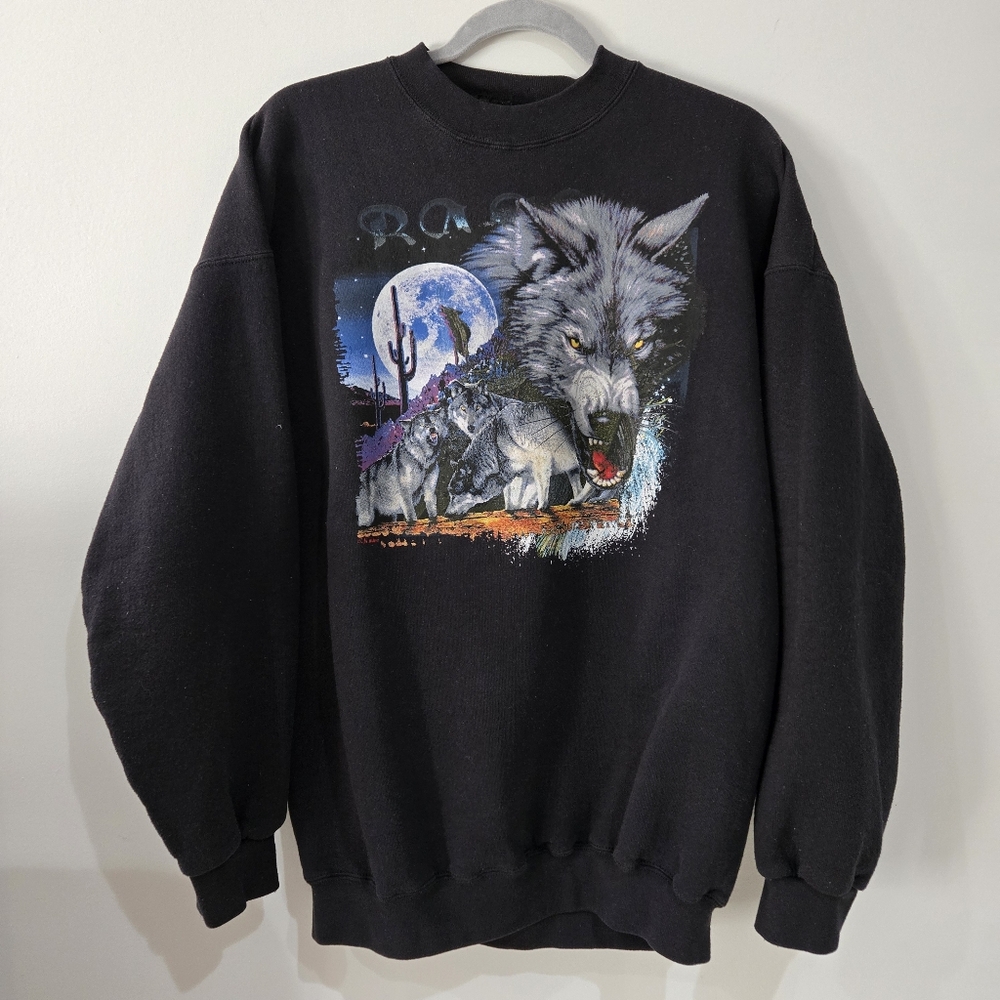 Vintage 90s Wolf Pack Graphic Crewneck Sweatshirt 3d Emblem Vibes Mens XL